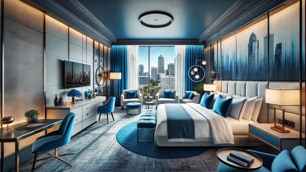 a luxury hotel room in Atlanta featuring blue accents. The room has a spacious layout with elegant decor