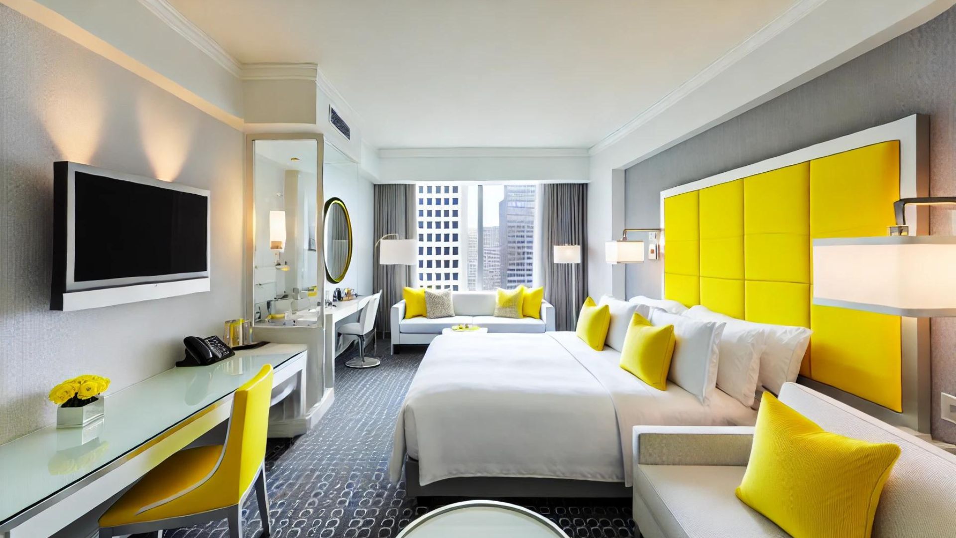 A bright luxury hotel room in Chicago with yellow accents