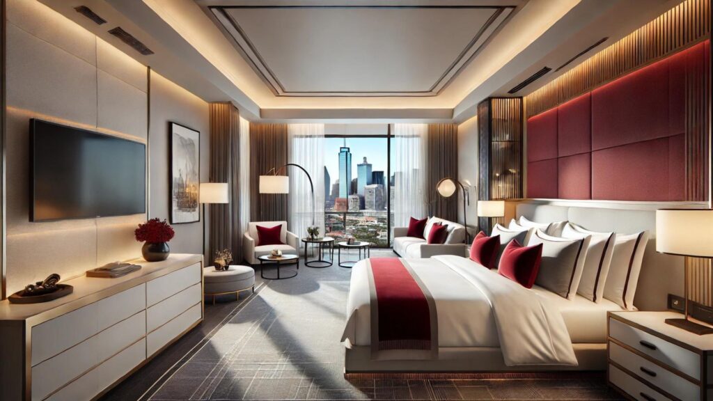 A luxury hotel room in Dallas with maroon accents
