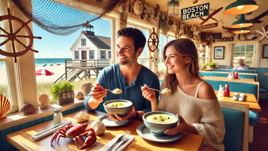 A man and woman eating New England clam chowder in a Boston beach restaurant.