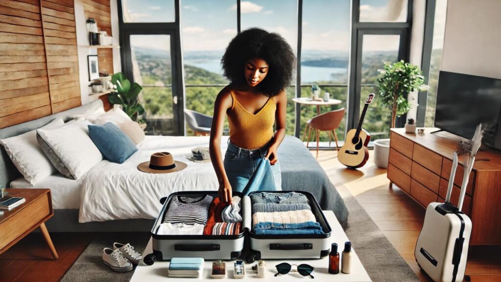 Black woman packing for vacation in a bright, airy bedroom with floor to ceiling windows on all three walls