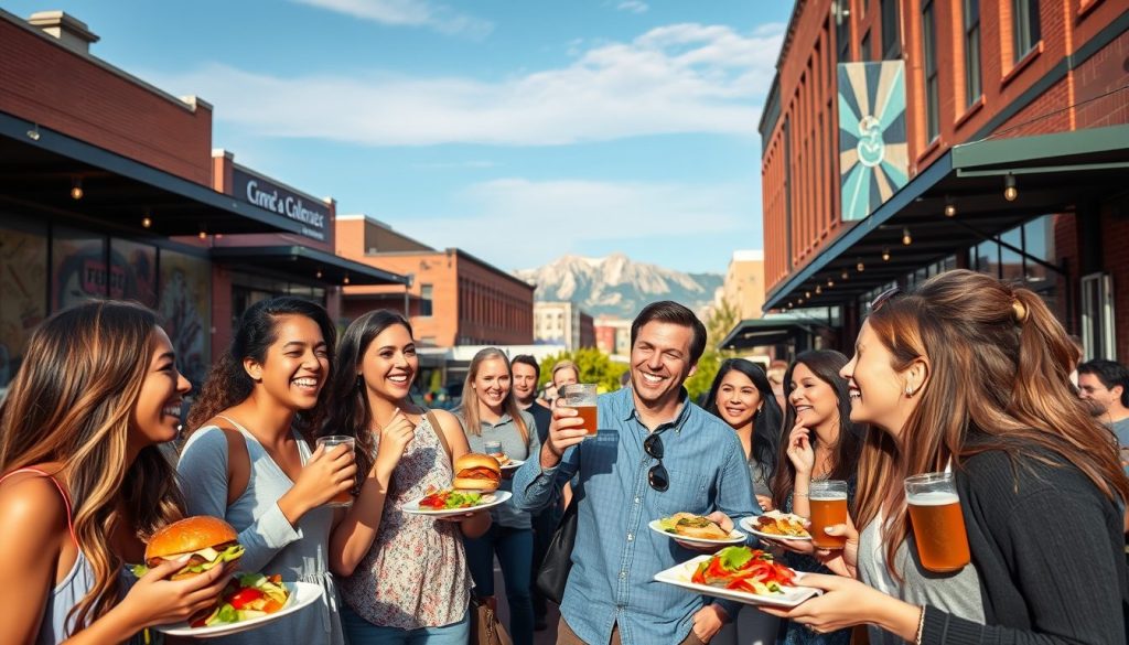 A lively group of diverse individuals on a guided food tour through downtown Denver Colorado