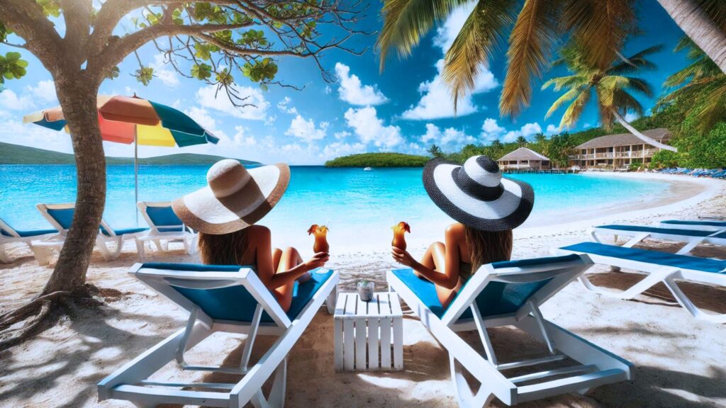 Two women relaxing on lounge chairs with large hats on a Caribbean beach, each holding a refreshing drink in their hands