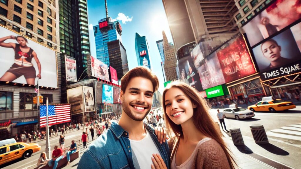 A couple standing in Times Square, New York City on a sunny day