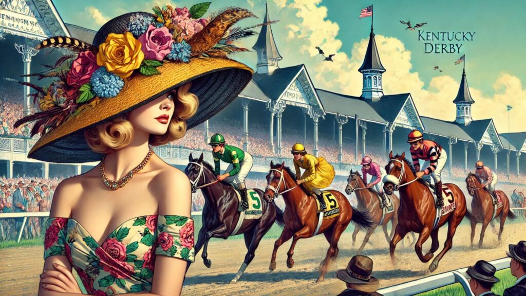 Image featuring women at the Kentucky Derby, wearing elegant and colorful wide brimmed hats, with horses racing in the background