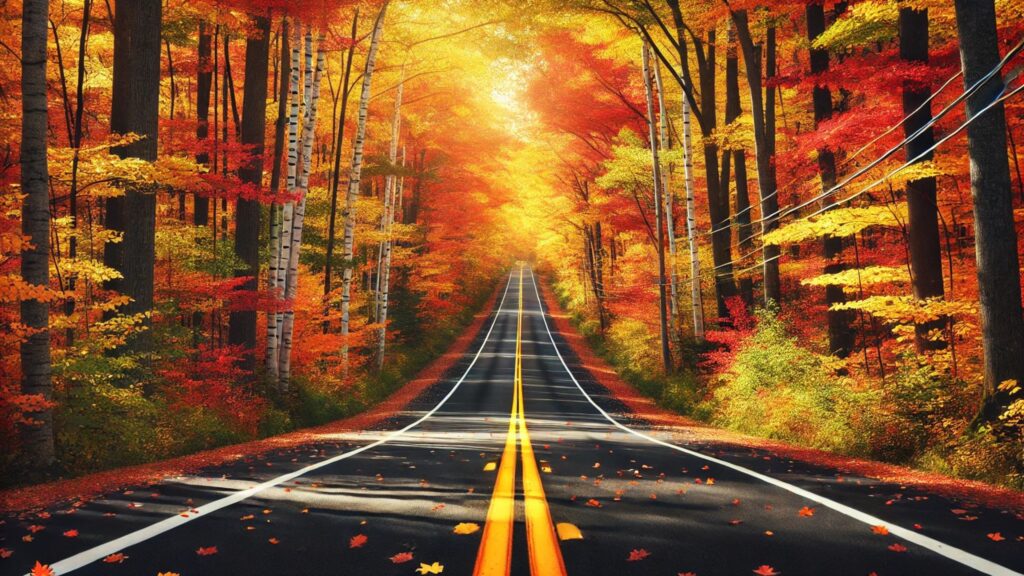fall leaves A scenic two lane road with yellow dividing lines, flanked by vibrant autumn trees on both sides