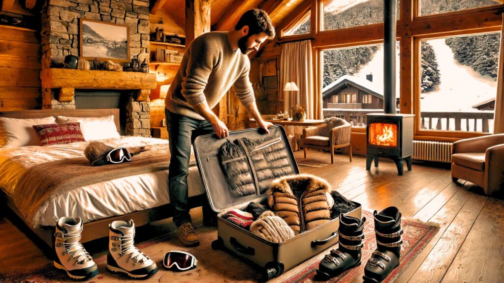 man in his mid thirties unpacking a large suitcase at a ski resort, inside a cozy wooden cabin