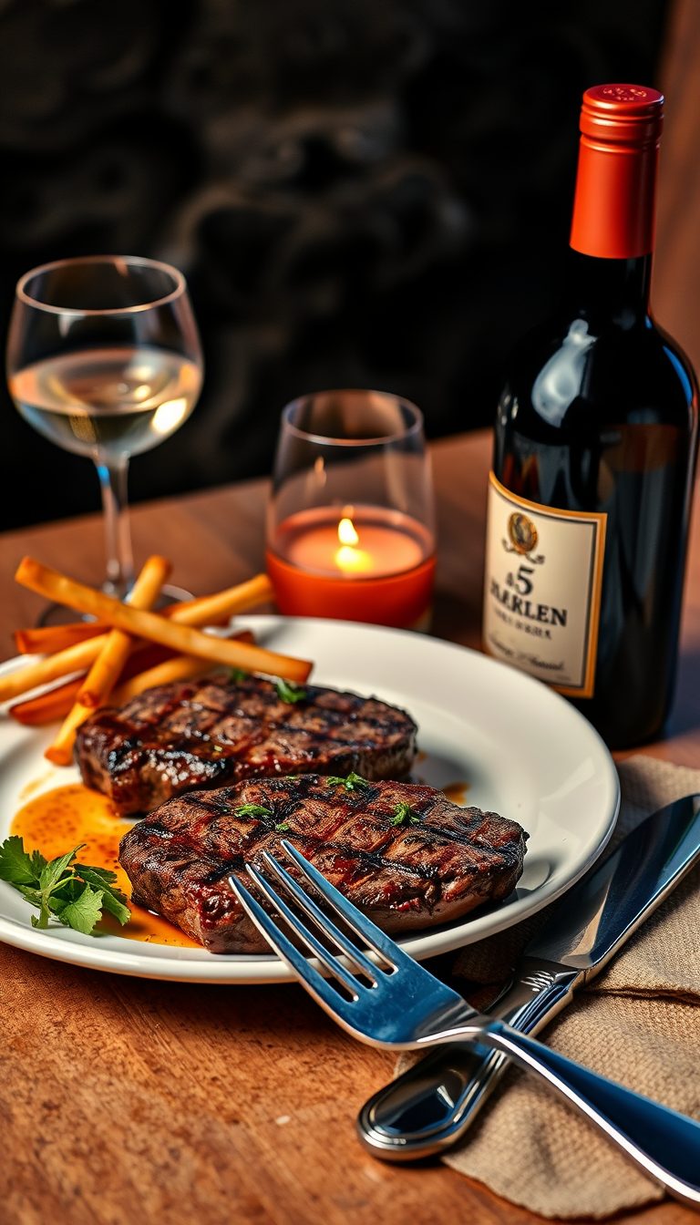 5 star steak dish with bottle of wine napkin fork and knife