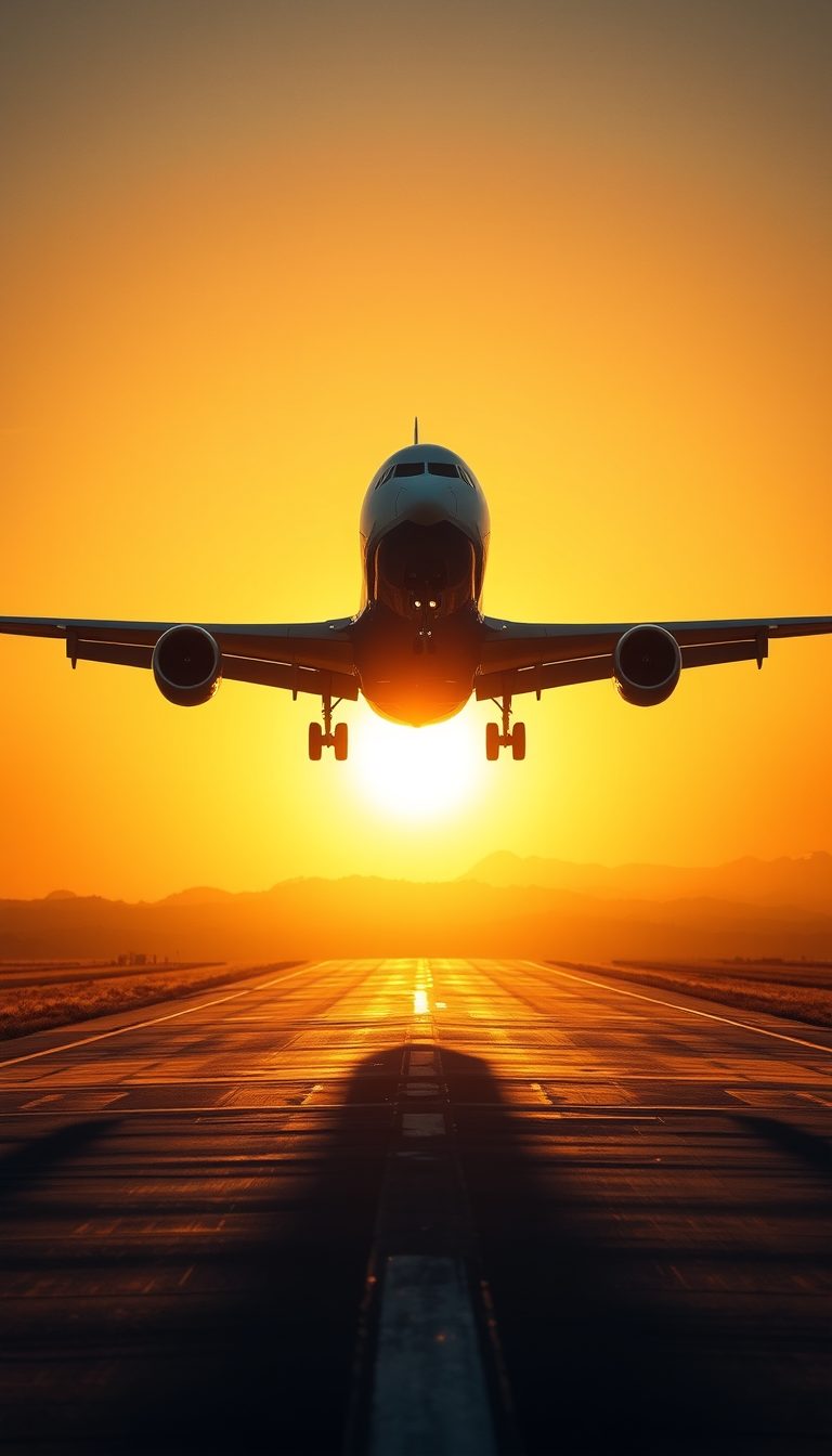 A photorealistic image of a commercial airplane taking off from a runway at sunset