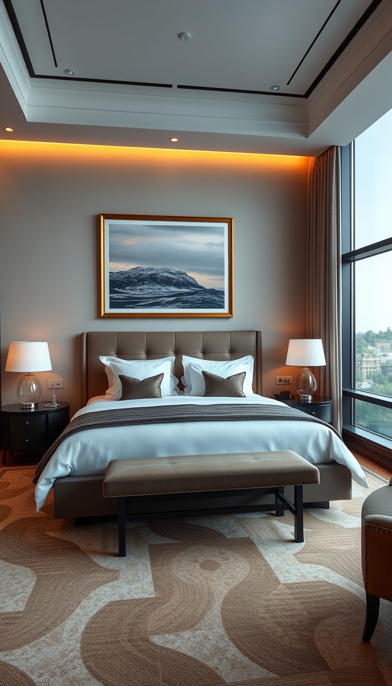 luxury hotel room with a luxurious bed picture over the bed with large windows