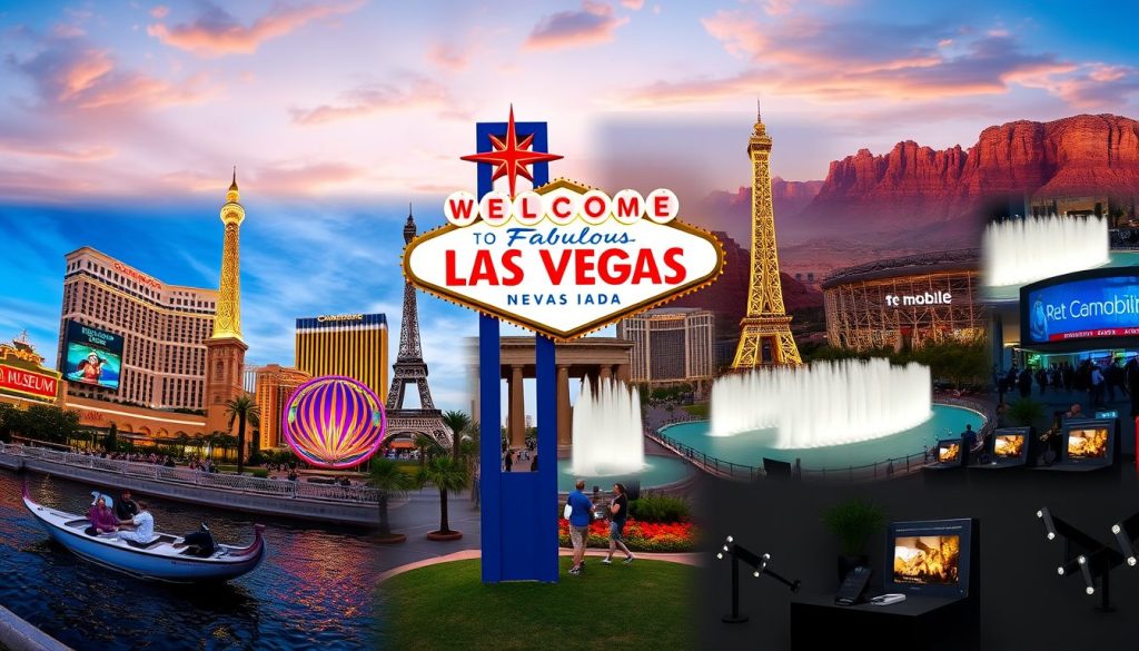 A dynamic panoramic collage style scene showcasing the multifaceted attractions of Las Vegas