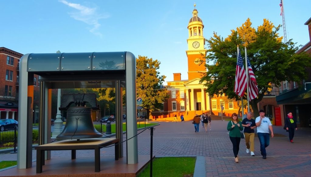 A peaceful late afternoon scene in historic Philadelphia The Liberty Bell is prominently displayed