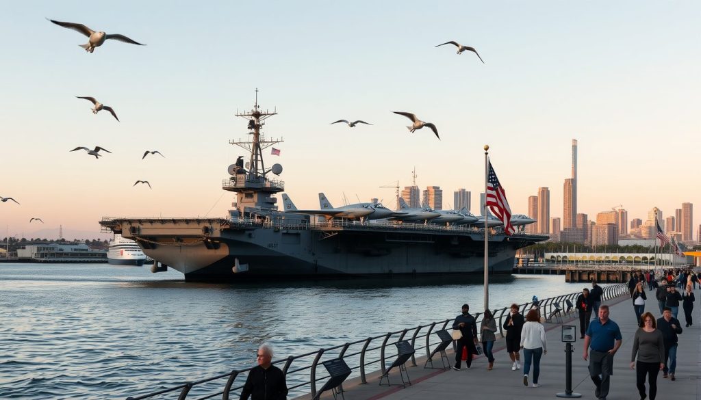 A photorealistic wide angle image of the USS Midway Museum in San Diego captured during golden hour