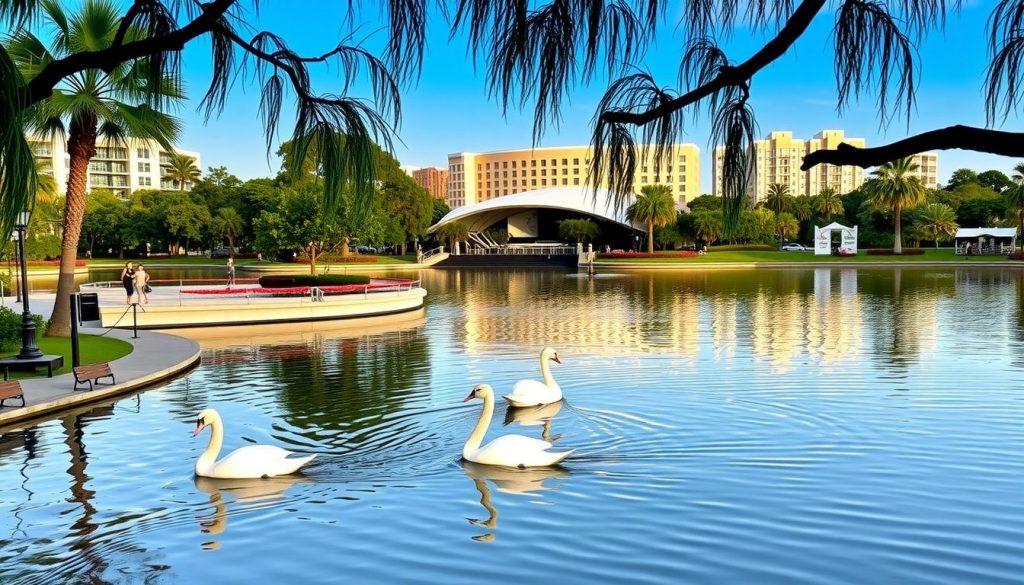 A serene morning at Lake Eola Park in downtown Orlando The iconic swan boats glide across the calm lake
