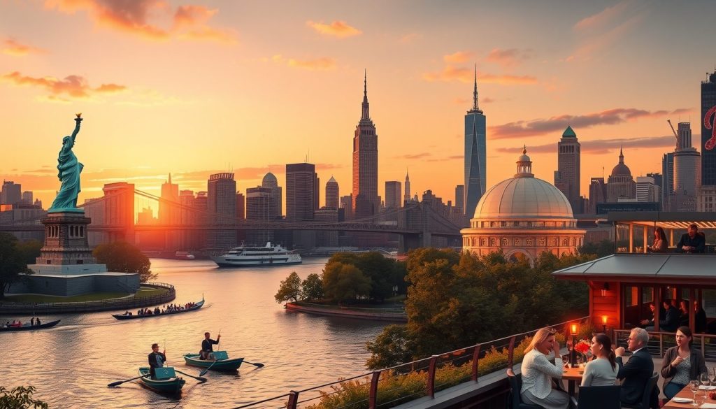 A sweeping photorealistic collage of New York City s most iconic and romantic attractions at golden hour