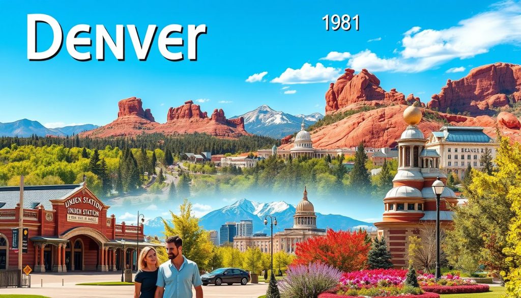 A vibrant and scenic collage style image showcasing Denver Colorado