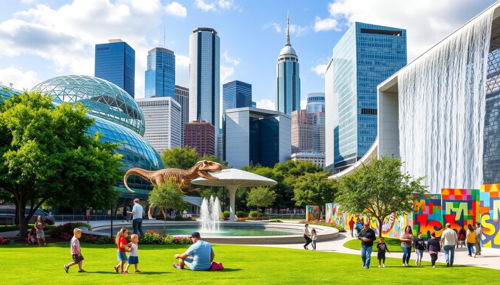 A vibrant collage style scene showcasing Houston Texas