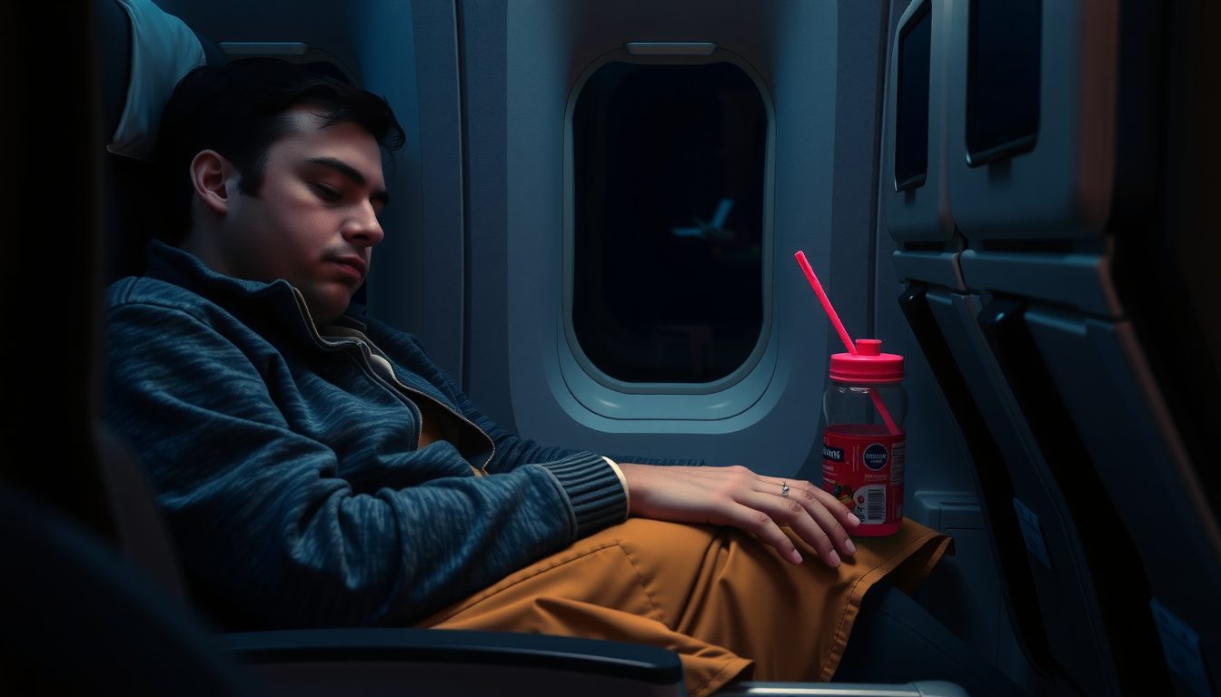Nighttime airplane scene with a peaceful passenger sleeping and seatback screens dark in the background