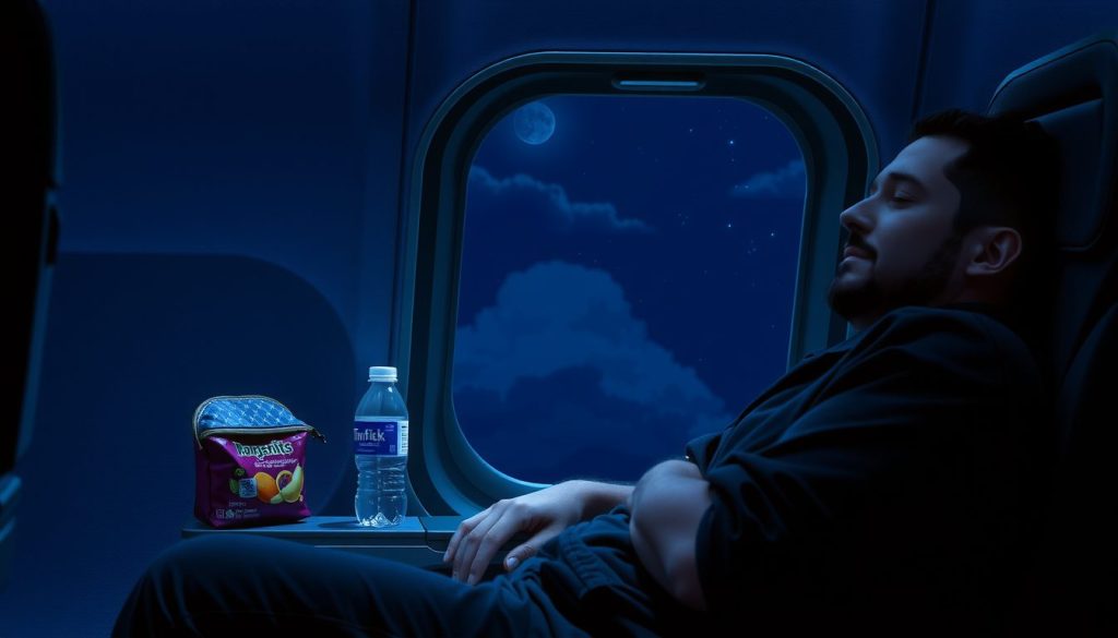 Night sky with moon and scattered clouds framed by an airplane window next to a dozing passenger and his tray table