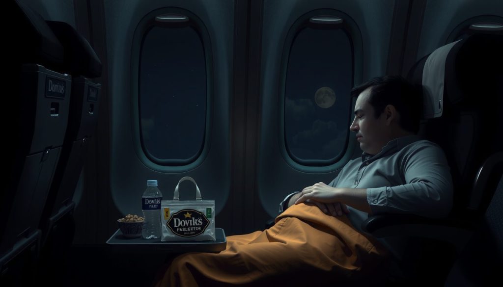 Dimly lit airplane cabin showing a sleepy passenger leaning against the seat, legs covered, with in-flight snacks neatly arranged on the tray