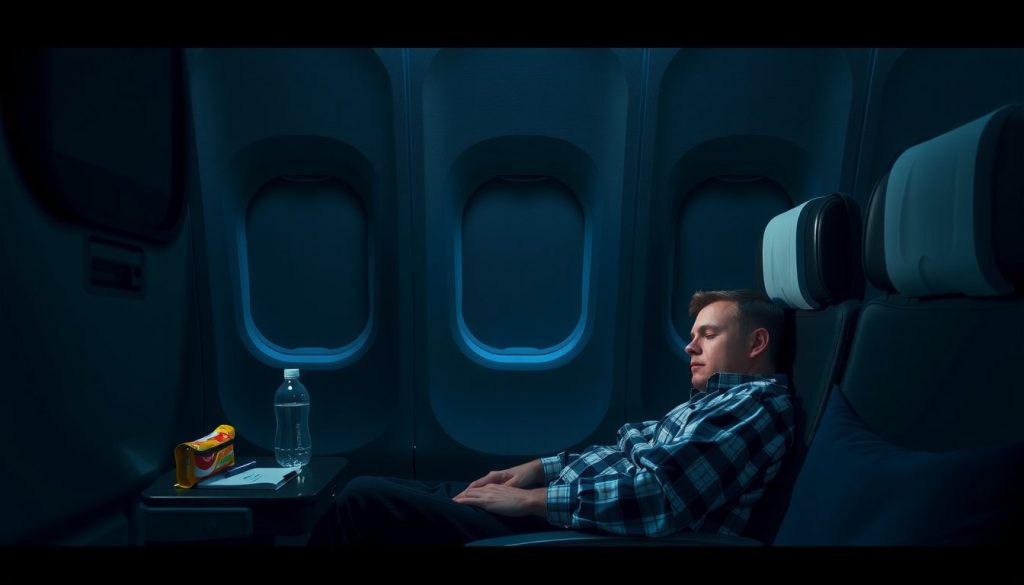 Calm nighttime atmosphere inside an airplane, with a man resting and travel amenities neatly arranged on the seat-side table