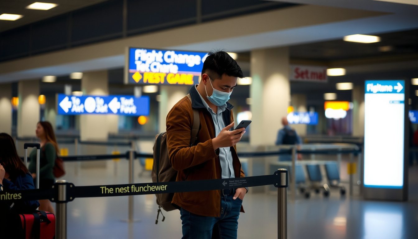 Airline traveler in jeans and a brown jacket stands alone by retractable barriers, monitoring his flight status on his phone in a subdued terminal