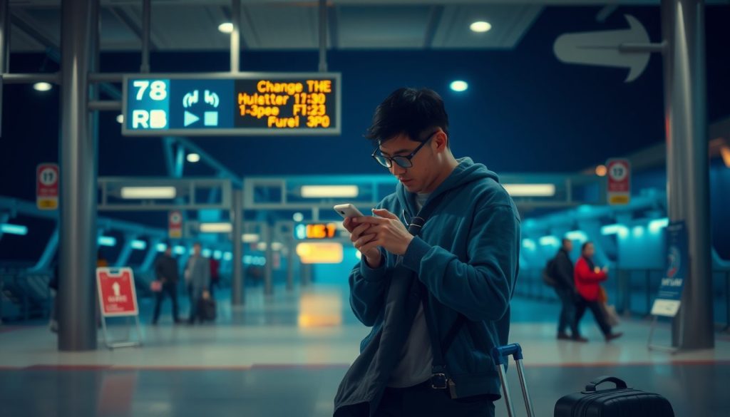 Calm evening airport scene with a man standing alone near his rolling suitcase, illuminated by cool blue lights and digital signs