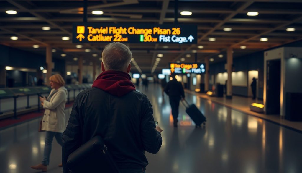 Back view of a passenger holding a phone and briefcase in a dimly lit terminal, reading bright yellow gate directions above the walkway