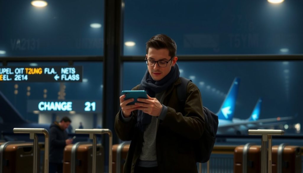 Nighttime airport terminal scene with a young traveler reviewing a flight change message on his phone as other passengers wait nearby