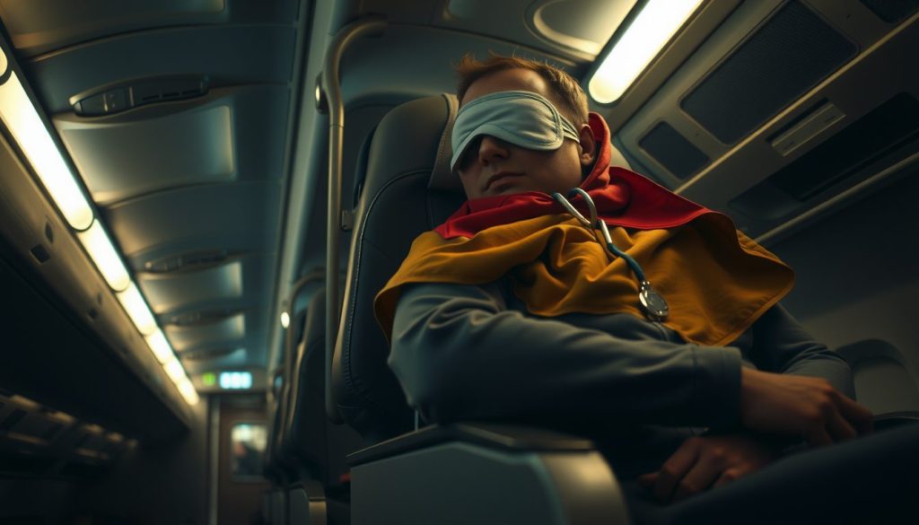 Passenger sleeping in a dim airplane cabin, wearing a white eye mask and wrapped in a red and yellow travel blanket