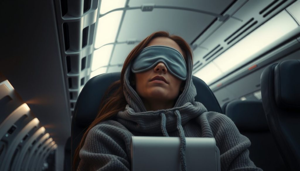 Passenger in a hooded sweatshirt and eye mask, holding a closed laptop while resting in a quiet aircraft cabin