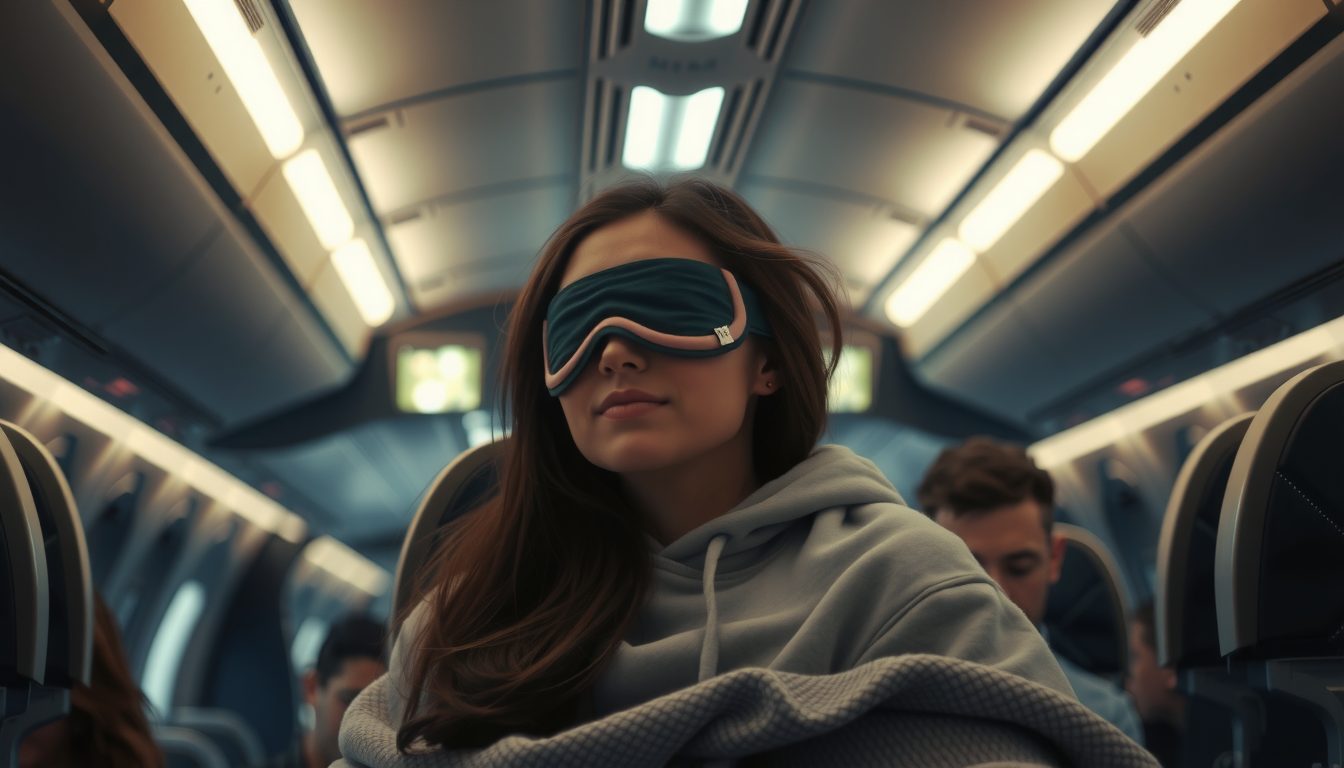 Night flight interior showing a young woman preparing to sleep, hooded sweatshirt and blanket pulled close, eye mask blocking the cabin lights