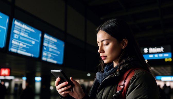 Young woman in transit, backpack over one shoulder, double-checking itinerary details on her phone near departure signs