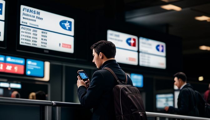 Calm passenger at the terminal rail, phone in hand, cross-checking flight times with the digital boards in front of him