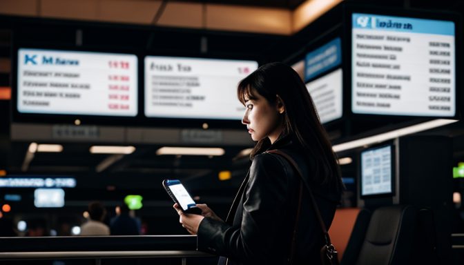 Calm flyer in a dark terminal cross-checks her reservation on her device as flights update across the screens above