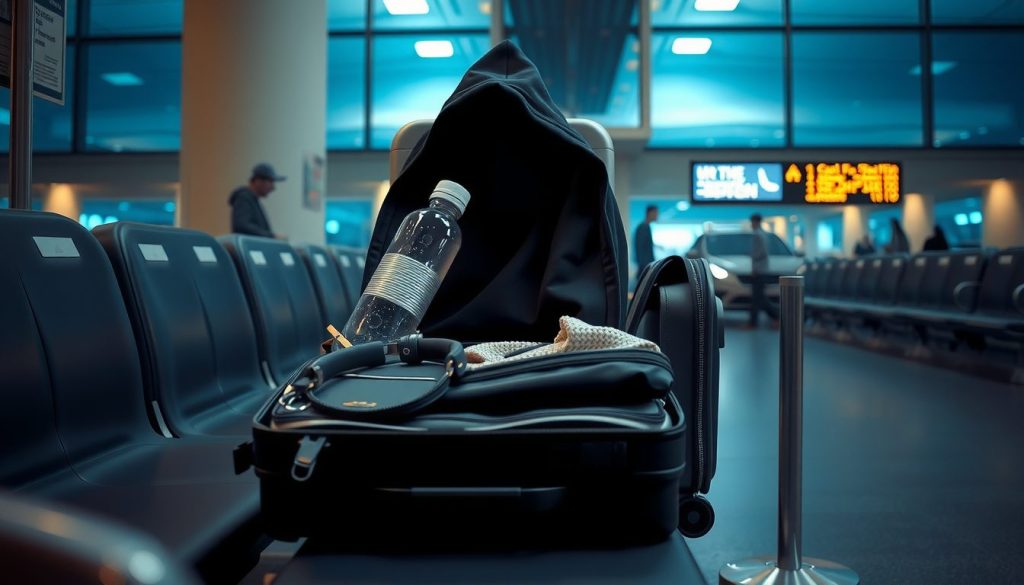 Night at the airport, and one organized bag holds everything needed to stay warm, rested, and in control of the journey