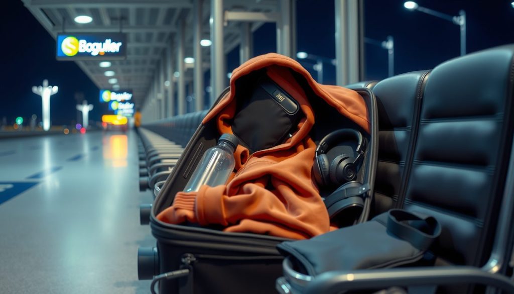 Open suitcase on airport seating at night, with a cozy orange hoodie and noise-canceling headphones prepared for a delayed flight