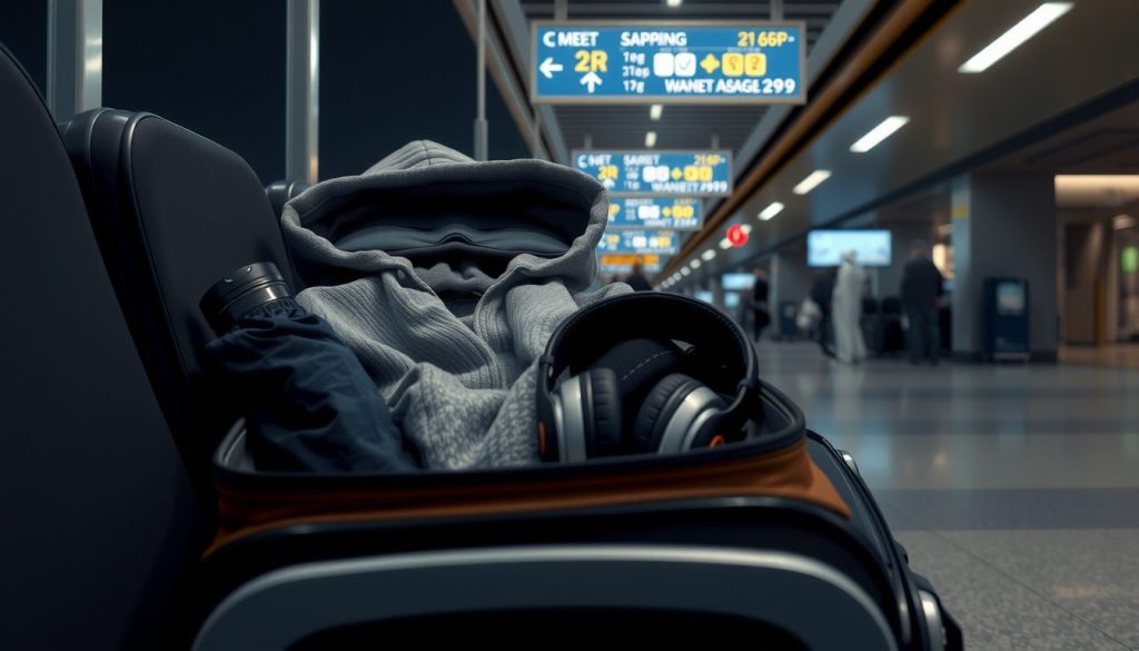 Neatly arranged carry-on on terminal seating, featuring a rolled gray hoodie, stainless travel bottle, and noise-canceling headphones