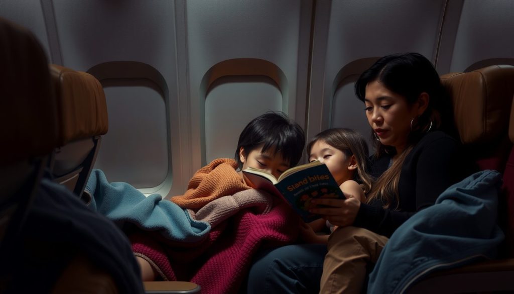 Young siblings huddled close with their mother, focused on a children’s book as they relax in their airplane seats