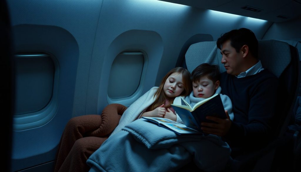 Nighttime airplane cabin with a father keeping kids relaxed and entertained with a shared storybook
