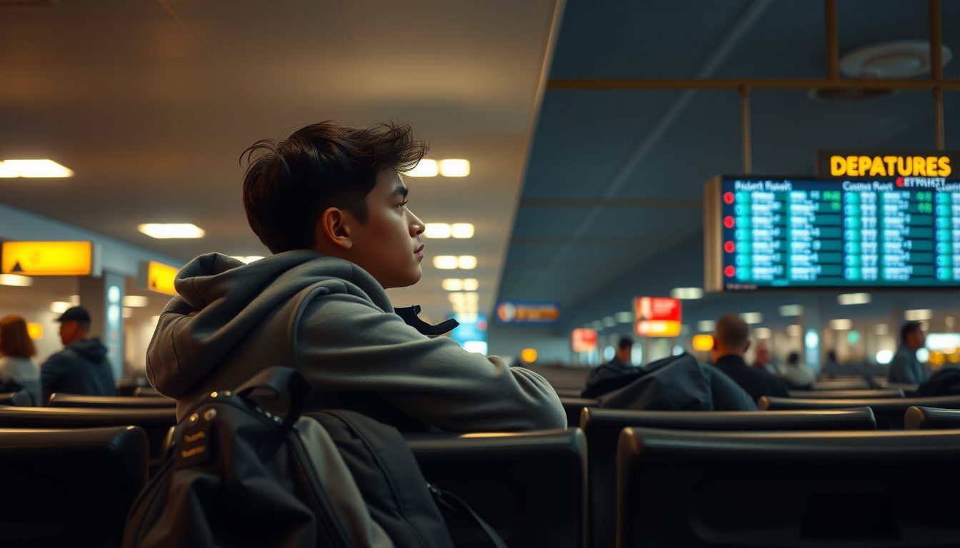 Reflective teen flyer waiting at the gate, departure board blurred behind him in the busy evening terminal