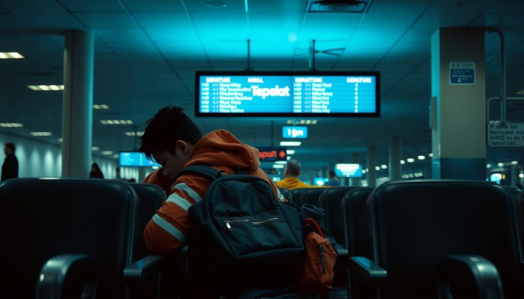 Late-night layover scene with a young traveler slumped forward in an empty row of chairs, orange hoodie and teal lighting setting the mood