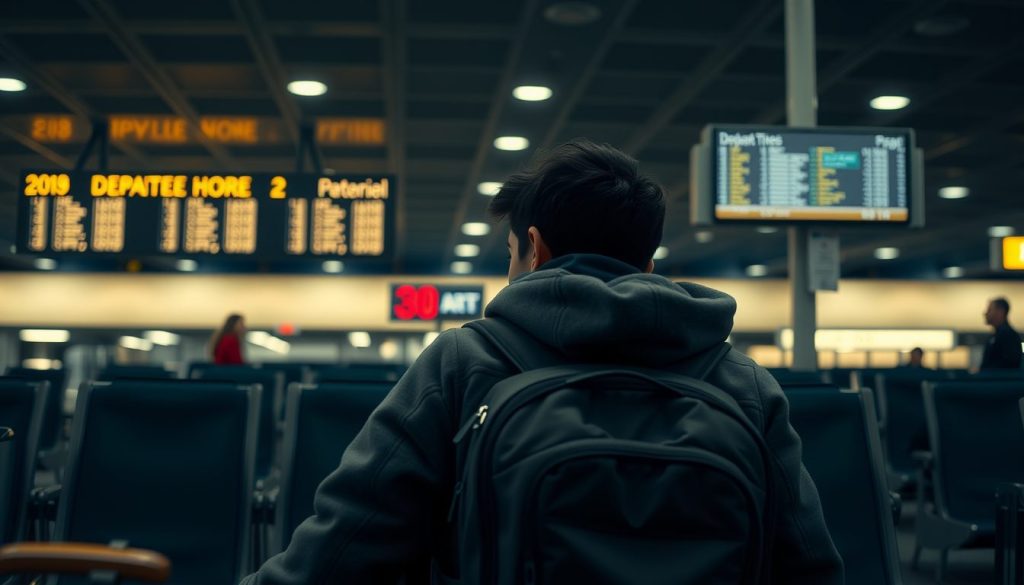 Tired student sitting quietly between empty seats, departure monitors casting a soft glow across the terminal