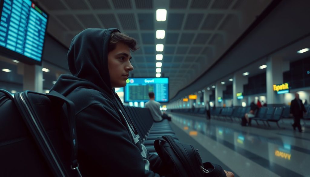 Tired young adult in casual travel clothes, backpack at their side, illuminated by overhead terminal lights