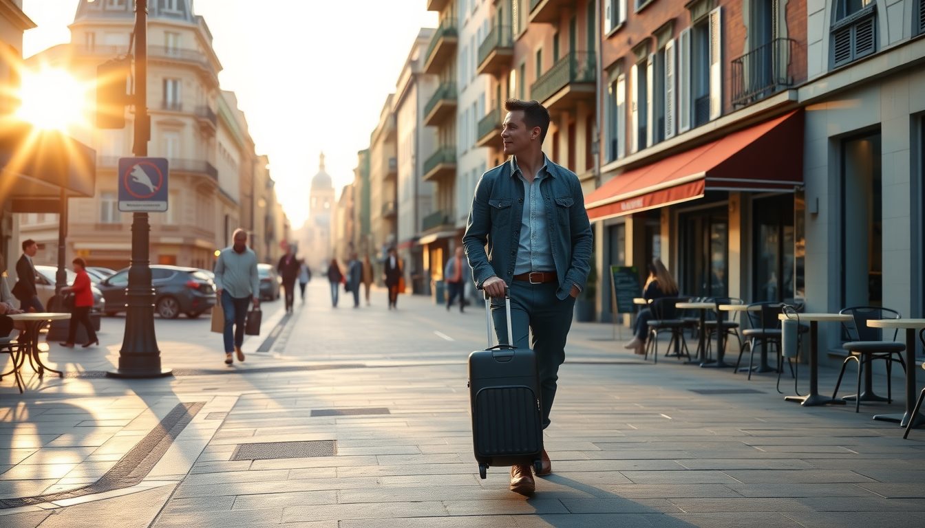 Warm sunrise glow on a cobblestone avenue as a man walks with his carry-on toward his hotel