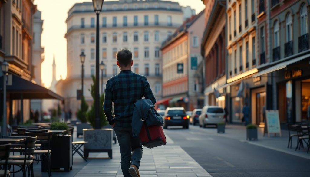 Solo traveler walking down a quiet European street at dawn, carrying a red duffel bag and jacket over his shoulder