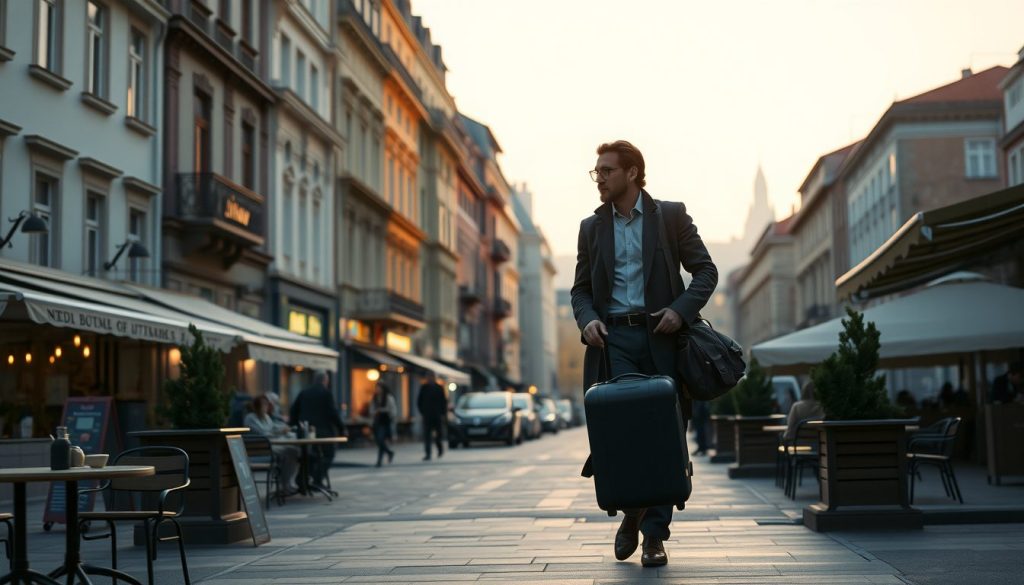 Tired but excited traveler arriving from a West Coast red-eye, walking through a European city center at daybreak with luggage in tow