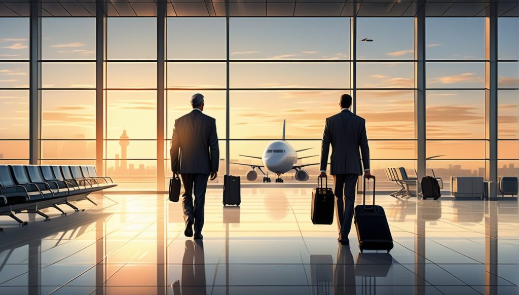 Dawn light flooding the glass-walled concourse as two suited travelers head toward baggage claim after a red-eye arrival