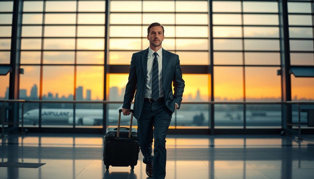 Jet-lagged but composed, a traveler in a suit crosses the terminal after an overnight flight, soft orange sky in the background