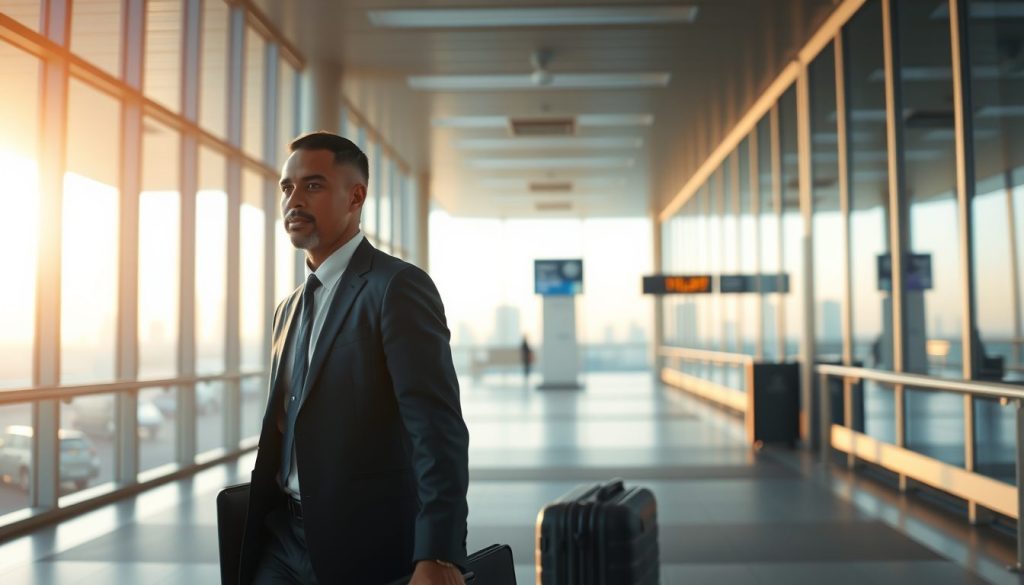 Early morning arrival with a business traveler gliding through the terminal, suitcase rolling smoothly after hours in the air.